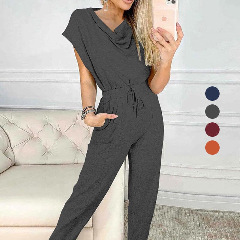 Sleeveless Jumpsuit Solid Color Waist Tie Casual Straight Pencil Pants