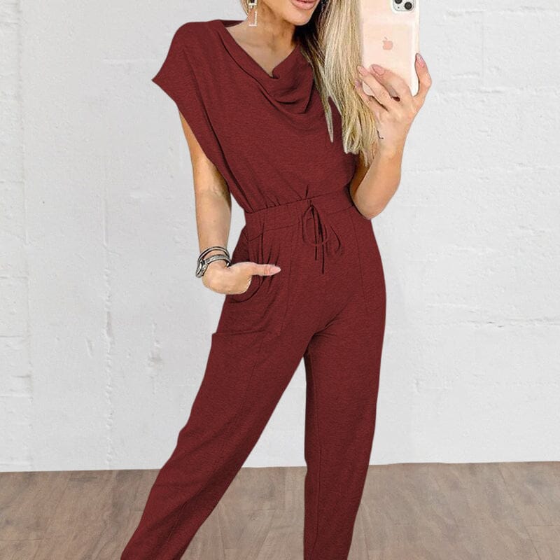 Sleeveless Jumpsuit Solid Color Waist Tie Casual Straight Pencil Pants