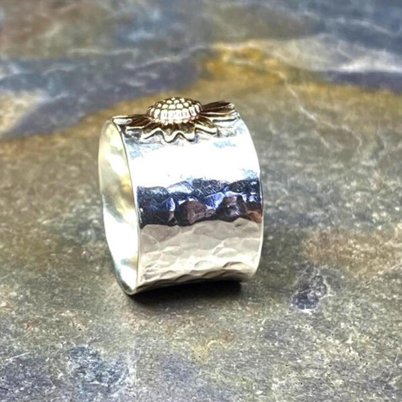 Golden Sunflower Wide Band Silver Ring