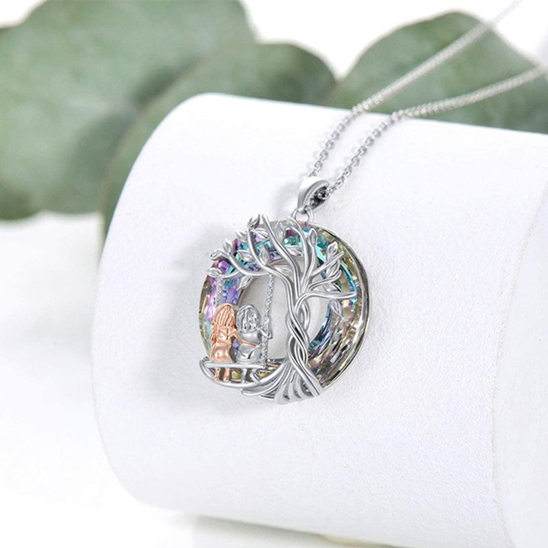 Tree of Life Sister on the Swing Cry-stal Pendant Necklace
